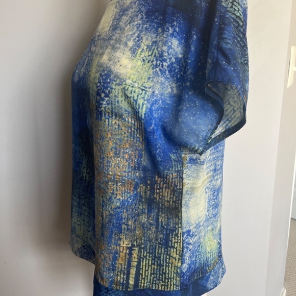 Lafayette‎ 148 Astract print Silk short sleeve Cocktail Blue Top Blouse T-shirt - Picture 5 of 11